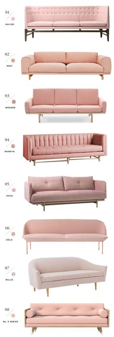 the different types of couches are shown in this graphic style, including pink and white