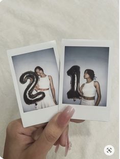 two polaroid photos with the number twenty and one woman holding an inflatable balloon