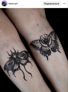 two butterfly tattoos on both legs, one is black and the other is grey with white accents