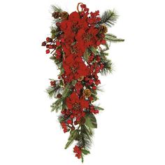 red flowers and pine cones are hanging from the side of a christmas garland on a white background