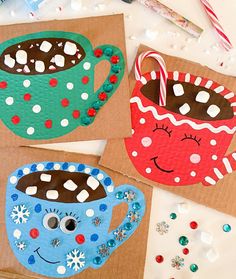 three paper bags decorated with coffee cups and candy canes