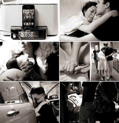 black and white photos of people in different rooms, including a clock on the wall