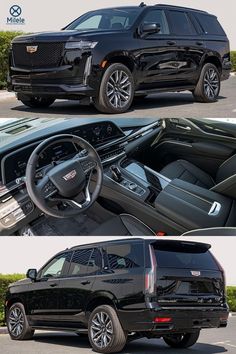 two pictures of the interior and dashboard of a black suv, one showing the driver's seats