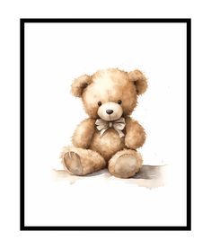 a brown teddy bear sitting in front of a black framed frame on a white background