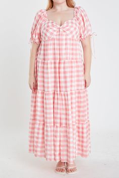 Gingham print Straps on sleeve Puff sleeve Lined Hand wash cold Do not bleach Do not tumble dry Iron low Shell: 85% Cotton 15% Tencel Lining: 100% Cotton Exclusive of Elastic TL424DX Total length: 55.50" Bust: 44" English Factory, Gingham Print, Gingham Dress, Pink Dress, Tumble Dryer, Dresses For Sale, Gingham, Puff Sleeve, Bleach