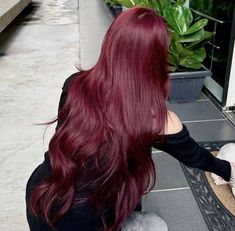 red hair Cherry Hair Girl, Red Wine Color Hair, Long Cherry Red Hair, Long Wine Red Hair, Dark Red Hair Halloween Costumes, Cherry Red Hair Aesthetic, Black Hair With Red Tips, Cool Tone Red Hair, Raspberry Red Hair