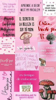 a collage of different types of pink and white text on a pink background with hearts