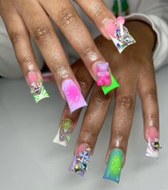 Duck Summer Nails, Nail Designs Duck Nails, Acrylic Nail Designs Duck Nails, Rainbow Duck Nails, Duck Nails Colorful, Unusual Nail Designs, Groovy Nails, Wigs Hairstyles, Fire Fly