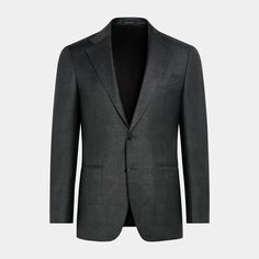 Cut to a tailored fit, this refined dark grey blazer is crafted with a classic two-button front, versatile flap pockets, and an unpadded shoulder for a more natural silhouette. Luxury Outerwear With Welt Pockets For Business Meetings, Formal Gray Suit With Pockets, Classic Suits For Business Meetings In Fall, Black Blazer With Welt Pockets For Business Meetings, Classic Fall Suits For Business Meetings, Gray Blazer With Pressed Crease For Office, Gray Office Blazer With Pressed Crease, Classic Gray Blazer With Hidden Button Closure, Classic Gray Blazer With Hidden Buttons