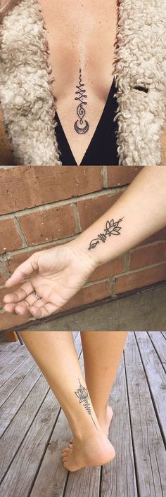 a woman's foot with two tattoos on her left arm and the other hand