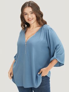 BloomChic Plus size clothing for women. You'll actually want to wear. Shop women's clothing sizes 10-30. With new styles added daily, you'll always find something to love. Free shipping on order $69. Free return for first order. Just shop now. Season:Summer Spring V-neck Top With Zipper Closure, V-neck Tops With Zipper Closure For Spring, Spring V-neck Tops With Zipper Closure, Casual V-neck Top With Zipper Closure, Casual V-neck Tops With Zipper Closure, Womens Trendy Tops, Cuffed Sleeve, Love Free, Plus Size Clothing For Women