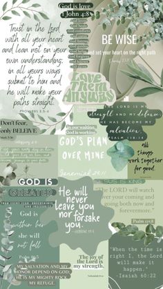 a collage with words and flowers in green, white and grey colors on it