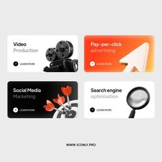 three different business cards with the words social media and an image of a magnifying glass