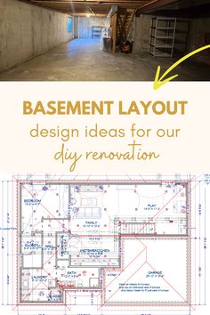 An image of an empty, unfinished basement with concrete floors and exposed beams. Below it, a detailed floor plan sketch shows a proposed layout with various rooms labeled. Text overlay reads: 'Basement Layout Design Ideas for Our DIY Renovation.' Family Basement, Basement Guest Rooms, Dream Basement