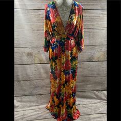 Women’s Its Floral Maxi Dress Flowy Tropical V-neck Dress, Flowy V-neck Tropical Dress, Tropical V-neck Maxi Dress With Vibrant Print, Multicolor Maxi Dress For Spring Holiday, Tropical V-neck Party Dress, Multicolor Floral Print Maxi Dress For Holiday, Holiday Multicolor Floral Print Maxi Dress, Vibrant Print V-neck Maxi Dress For Brunch, Floral Print Long Sleeve Maxi Dress For Holiday