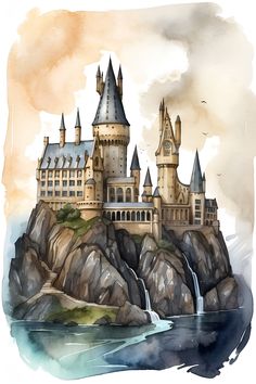 an image of a castle on top of a hill with watercolor paint and ink