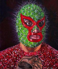 a painting of a man wearing a green mask with red paint on it's face