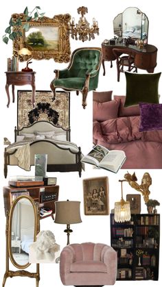 a collage of furniture and decor in shades of pink, green, gold and white