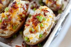 baked potato skins with bacon, cheese and green onions