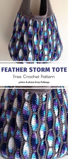 a crocheted bag with the words feather storm tote written in white and blue