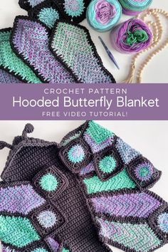 crochet pattern hooded butterfly blanket with video instructions on the front and back side