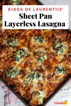 Lasagna made on a large sheet pan with dollops of a ricotta cheese and spinach mixture throughout. Sheet Pan Layerless Lasagna Giada, Giadas Lasagna Recipe, Giada Sheetpan Layerless Lasagna, Giada’s Crispy Sheet Pan Lasagna, Giada Crispy Sheet Pan Lasagna, Giada Lasagna Sheet Pan, Giada's Sheet Pan Lasagna, Giada De Laurentiis Sheet Pan Lasagna, Lasagna Giada De Laurentiis