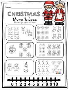 christmas math worksheet for kids with santa and mrs claus on the front page