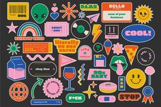 an assortment of stickers on a black background