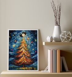 a painting on a shelf next to a vase with flowers in it and a cat sitting on top of the christmas tree