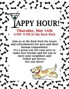 a flyer for the happy hour dog park