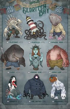 a poster with different types of monsters and their names on it's back side