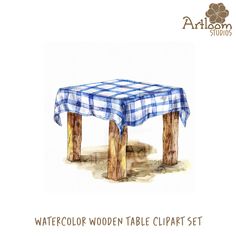 watercolor wooden table clipart set with blue checkered tablecloth on the top