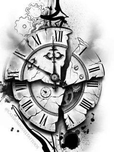 an artistic drawing of a clock with ink splatters