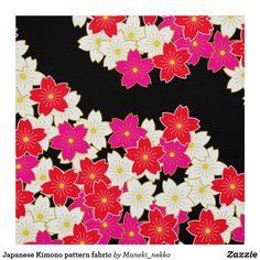 japanese kimono pattern featuring red, white and pink flowers on black background with text