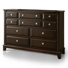 a brown dresser with many drawers and knobs on the bottom drawer, against a white background