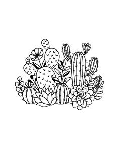 a black and white drawing of cactuses with flowers on the bottom right hand corner