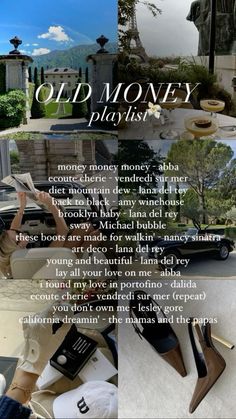 an advertisement for old money playlist with a woman sitting on the ground in front of her