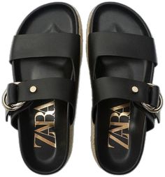 Black Mules With Buckle Closure For Beach, Chic Black Footbed Sandals For Beach, Trendy Zara Leather Sandals, Chic Black Footbed Sandals For Vacation, Zara Black Sandals For Vacation, Zara Casual Platform Sandals, Zara Platform Sandals For Beach, Zara Platform Sandals For The Beach, Tie Up Espadrilles