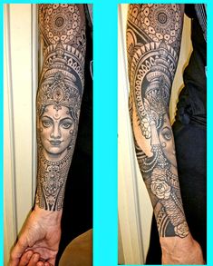 the arm is covered in intricate tattoos and features an image of a woman's face