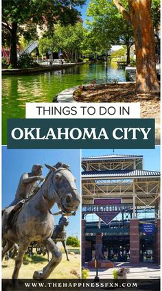 top photo: Oklahoma City Bricktown Canal with yellow water taxi,bottom left photo: Oklahoma City Centennial Land Run Monument, bottom right photo: Oklahoma City Chickasaw Bricktown Ballpark front entrance Things To Do In Okc, Oklahoma City Things To Do, Things To Do In Oklahoma, Oklahoma State Parks, Oklahoma Travel, Water Taxi, Oklahoma City Oklahoma, Romantic Things To Do, Road Trip Planning