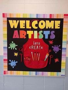 a sign that says, welcome artists lets create with scissors and paintbrushes on it