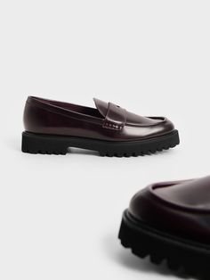 Burgundy Chunky Penny Loafers - CHARLES & KEITH US Classic Burgundy Loafers For Office, Burgundy Slip-on Office Loafers, Burgundy Leather Sole Loafers For Workwear, Trendy Formal Loafers With Rubber Sole, Trendy Slip-on Platform Loafers For Formal Occasions, Burgundy Formal Loafers With Flat Heel, Trendy Fall Formal Loafers, Trendy Formal Loafers For Fall, Trendy Slip-on Formal Loafers