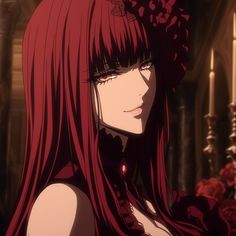 a woman with long red hair and flowers in her hair is staring at the camera