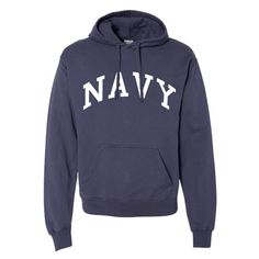 "Anchors Aweigh! Simple script, NAVY hand-printed in collegiate style lettering on a 100% cotton hoodie. Each sweatshirt is garment-dyed and creates a vintage style. Sometimes simple is better, and this simple design will be your favorite sweatshirt. You will love the softness and \"worn-in\" look.  5% of the proceeds from all sales go to local veteran's organizations." Crew Cotton Hoodie For College, Navy Letter Print Hoodie Sweatshirt, Navy Cotton College Sweatshirt, Navy Cotton Sweatshirt For College, Navy Cotton Collegiate Sweatshirt, Navy Hooded Sweatshirt With Letter Print, Navy Varsity Sweatshirt For College, Navy Cotton Varsity Sweatshirt, Navy Cotton Hoodie For College