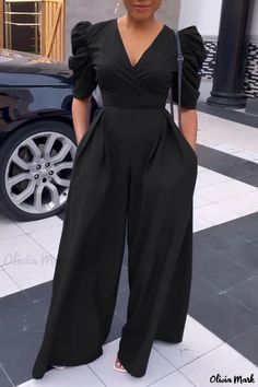 Olivia Mark - Blue Solid V-Neck Patchwork Jumpsuit for Women with Straight Cut Design Half Sleeve Jumpsuit, Jumpsuit Elegant, Casual Jumpsuit, Wide Leg Jumpsuit, Black Jumpsuit, Cut Design, Stylish Girl, Olivia Mark, Half Sleeve