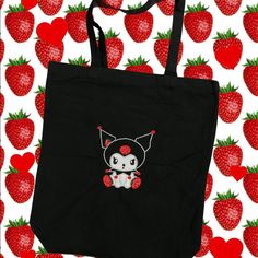 Kuromi Strawberry Heavy Duty 12oz Black Tote Bag Black Satchel Canvas Bag For Errands, Black Canvas Pouch Bag For Shopping, Black Gift Bag Shaped Satchel, Rectangular Black Canvas Gift Bag, Cute Handmade Black Bag, Black Handmade Rectangular Bag, Black Pouch Canvas Bag For School, Handmade Black Bag As Gift, Handmade Black Bag For Gift