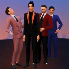 three men in suits standing next to each other with their hands on their hipss