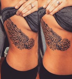 a woman's stomach with an eagle and rose tattoo on the side, while another shows off her lower back