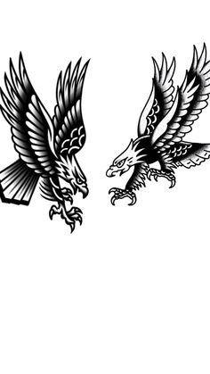 two black and white eagle tattoos on the back of their wings, one flying in the air