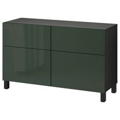 a green cabinet with three doors and two drawers on one side, the other is black